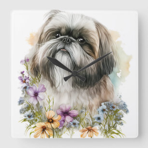 NIEDLICHER KLEINER LHASA APSO HUND MIT WILDBLUMEN QUADRATISCHE WANDUHR