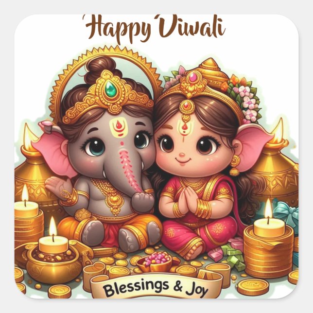 Niedlicher kleiner Lord Ganesh und Göttin Lakshmi  Quadratischer Aufkleber (Vorderseite)