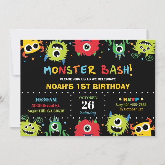 Niedlicher Kleiner Monster Bash Boy Geburtstag Ein Einladung (Vorderseite)