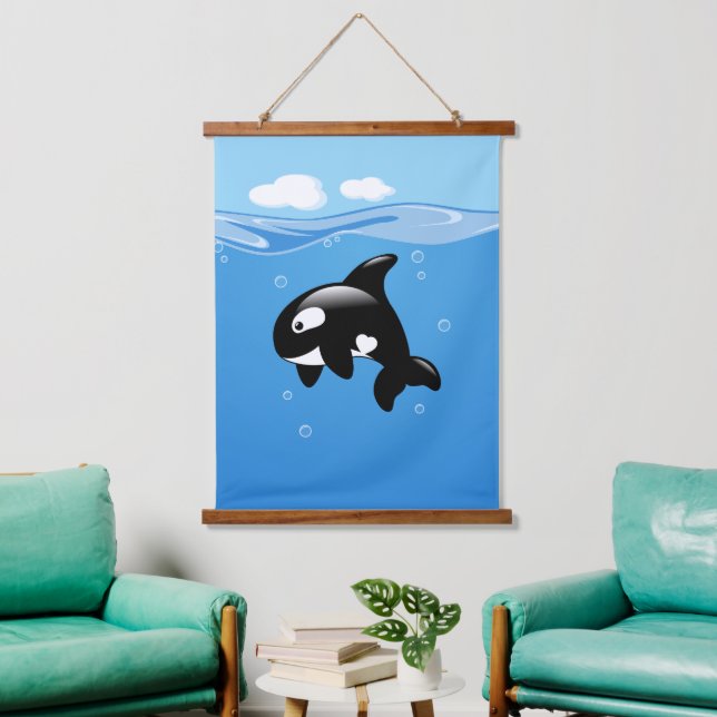 Niedlicher kleiner Orca-Wal im Ozean Wandteppich Mit Holzrahmen (Wohnzimmer)