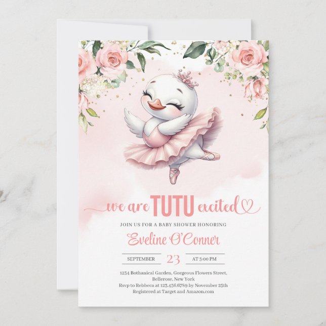 Niedlicher kleiner Schwan mit rosa Tutu-Kleid Gold Einladung (Vorderseite)