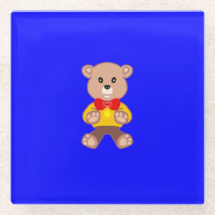 Niedlicher kleiner Teddybär auf blauem Untersetzer
