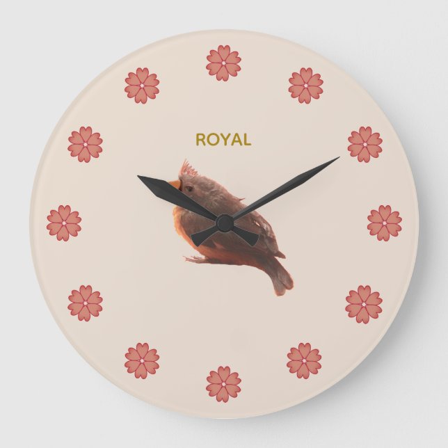 Niedlicher kleiner Vogel & Blume auf Beige Große Wanduhr (Vorderseite)