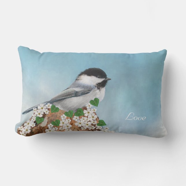 Niedlicher kleiner Vogel, Blume und Kalligraphie Lendenkissen (Vorderseite)