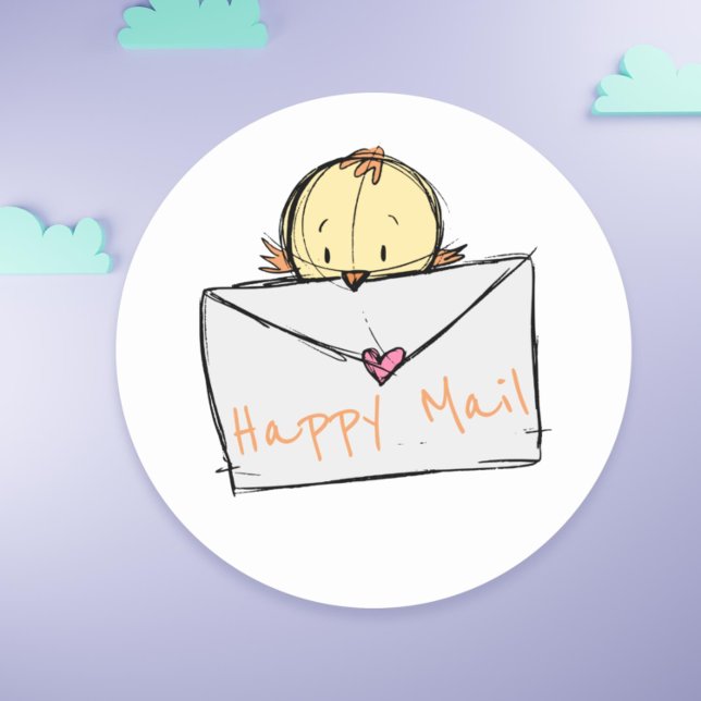 Niedlicher kleiner Vogel, der mit dem Brief Happy  Runder Aufkleber (Cute little bird flying with a letter Happy Mail Classic Round Sticker)