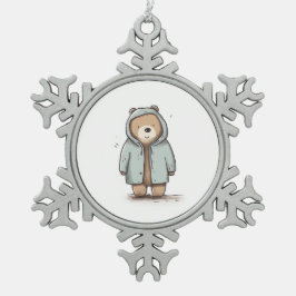 Niedlicher kleiner Wasserfarbenbär Schneeflocken Zinn-Ornament