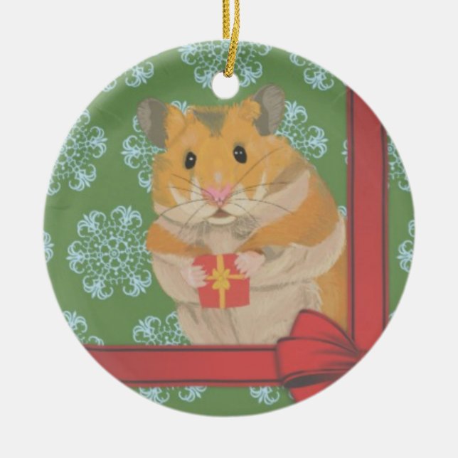 Niedlicher kleiner WeihnachtsHamster mit Geschenk Keramik Ornament (Vorne)
