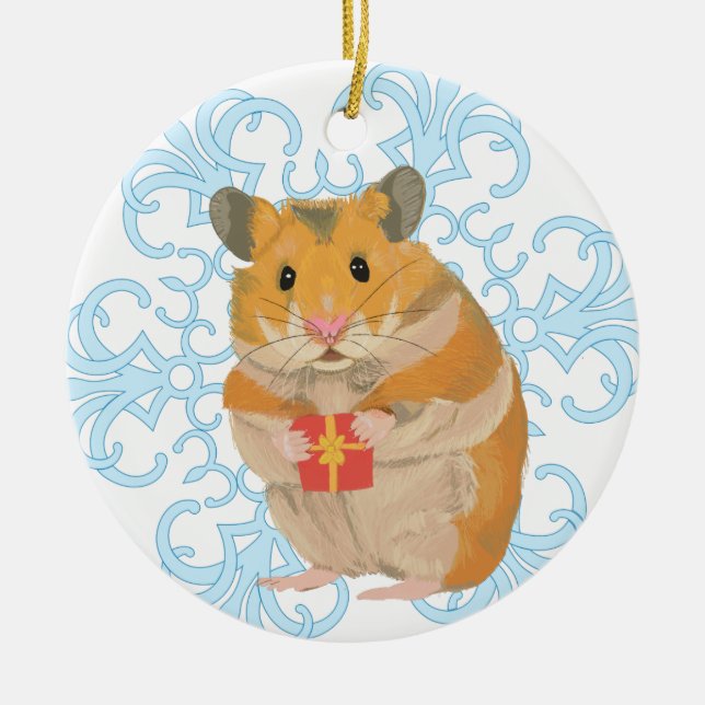 Niedlicher kleiner WeihnachtsHamster mit Geschenk Keramik Ornament (Vorne)