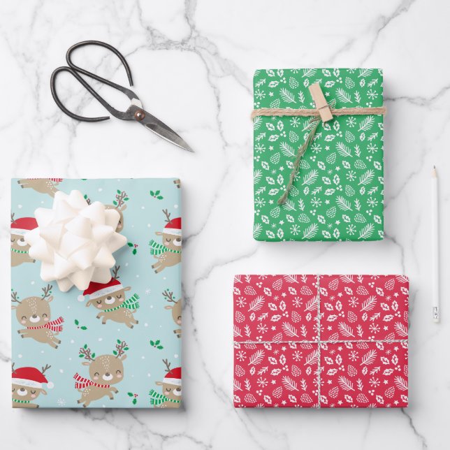 Niedlicher kleiner Weihnachtsmann auf blau Geschenkpapier Set (Vorderseite)