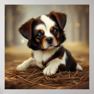 Niedlicher kleiner Welpenhund dunkelbraun und weiß Poster