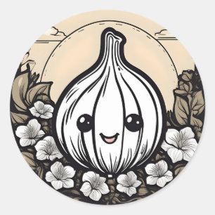 Niedlicher Knoblauch mit Blume Runder Aufkleber
