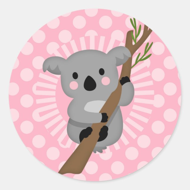 Niedlicher Koala Bär - Rosa Graue Girl Runder Aufkleber (Vorderseite)
