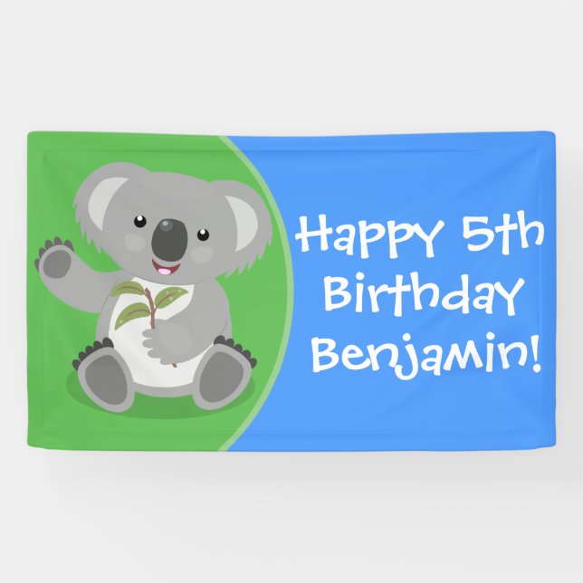 Niedlicher Koala personalisierter Cartoon Geburtst Banner (Horizontal)