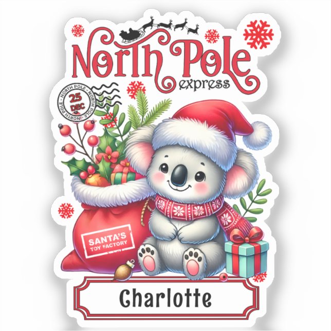 Niedlicher Koala Weihnachten Personalisierter Name Aufkleber (Vorderseite)