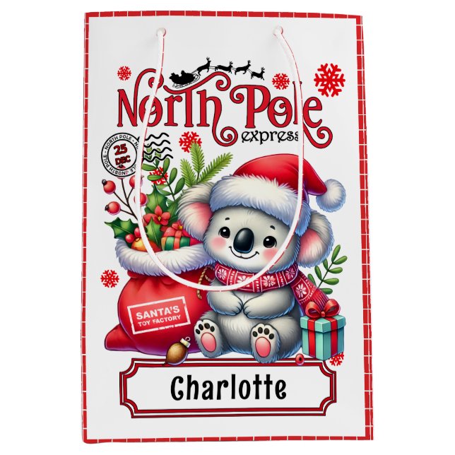 Niedlicher Koala Weihnachten Personalisierter Name Mittlere Geschenktüte (Vorderseite)