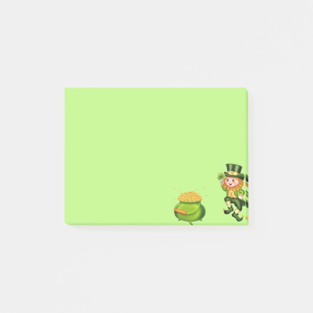 Niedlicher Kobold und Goldtopf auf Kalkgrün Post-it Klebezettel (Vorderseite)