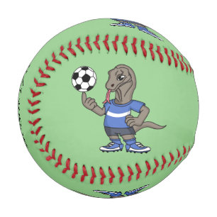 Niedlicher Komodo-Drache beim Fußballspielen Carto Baseball