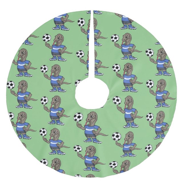 Niedlicher Komodo-Drache beim Fußballspielen Carto Polyester Weihnachtsbaumdecke (Vorderseite)