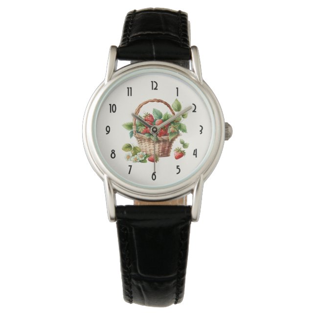 Niedlicher Korb voller Erdbeeren Armbanduhr (Vorderseite)