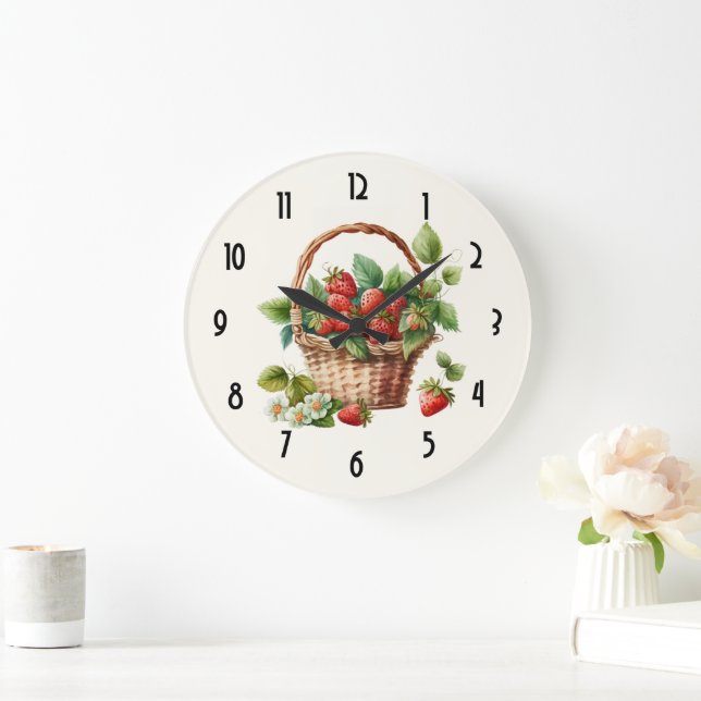 Niedlicher Korb voller Erdbeeren Große Wanduhr (Zuhause)