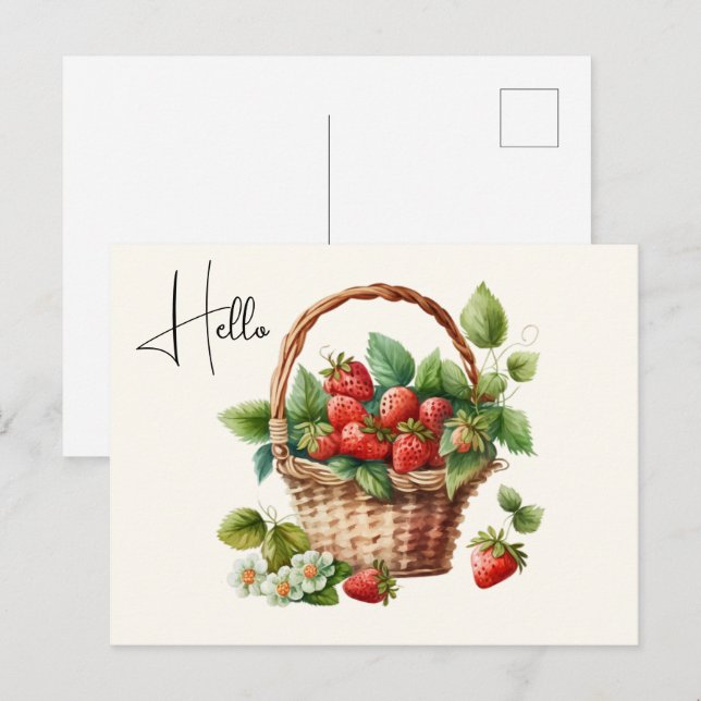 Niedlicher Korb voller Erdbeeren Hallo Postkarte (Vorne/Hinten)