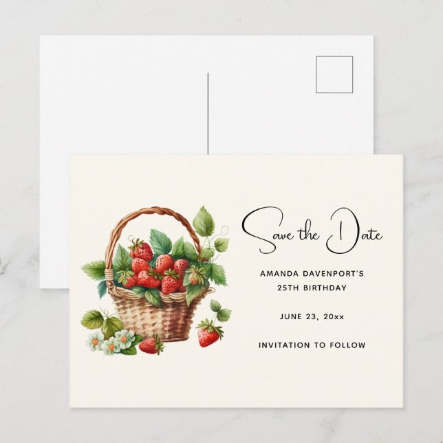 Niedlicher Korb voller Erdbeeren Save the Date Einladungspostkarte (Vorne/Hinten)