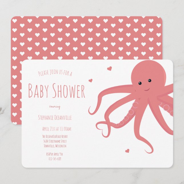 Niedlicher Kraken Herpink, Horizontal Babydusche Einladung (Vorne/Hinten)