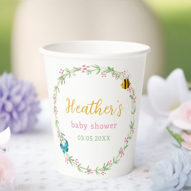 Niedlicher Kranz, Biene & Butterfly Babydusche Pappbecher (Cute Wreath, Bee & Butterfly Baby Shower Paper Cups with your name and date.)