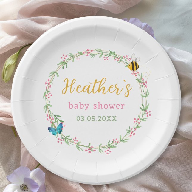 Niedlicher Kranz, Biene & Butterfly Babydusche Pappteller (Cute Wreath, Bee & Butterfly Baby Shower Paper Plates for Baby Girl & Baby Boy.)