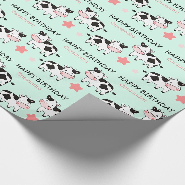Niedlicher Kuhstern Kinder Name Grün Geburtstag Geschenkpapier (Ecke)