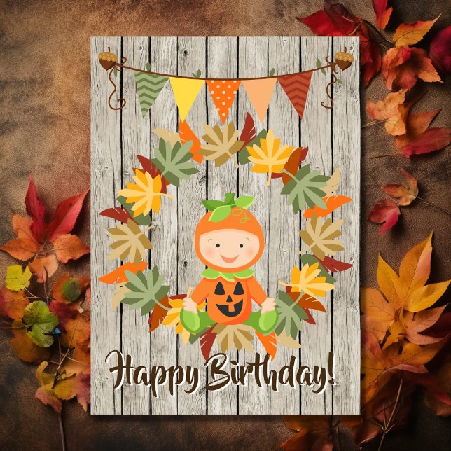 Niedlicher Kürbis-BabyWreath des Karte (Cute Pumpkin Baby Wreath of Leaves Autumn Birthday Card)