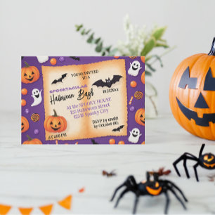 Niedlicher Kürbis Halloween Bash Orange Lila Einladung