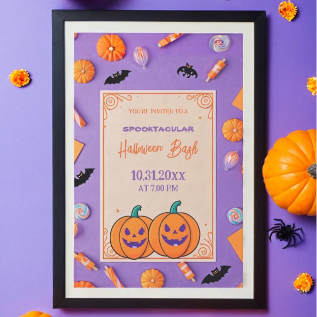 Niedlicher Kürbis Halloween Bash Orange Lila Einladung (Von Creator hochgeladen)