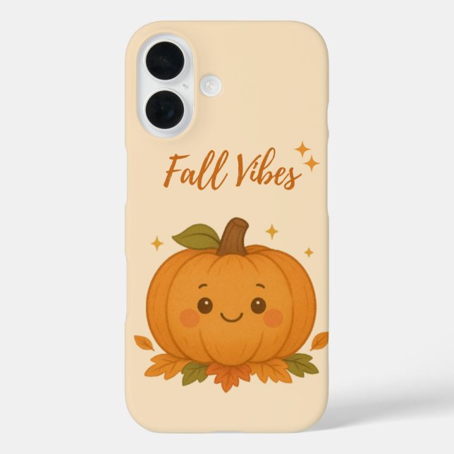 Niedlicher Kürbis mit "Fall Vibes" auf Soft Beige iPhone 16 Hülle (Rückseite)