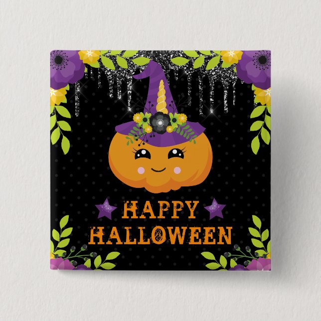 Niedlicher Kürbisfloral Happy Halloween Button (Vorderseite)