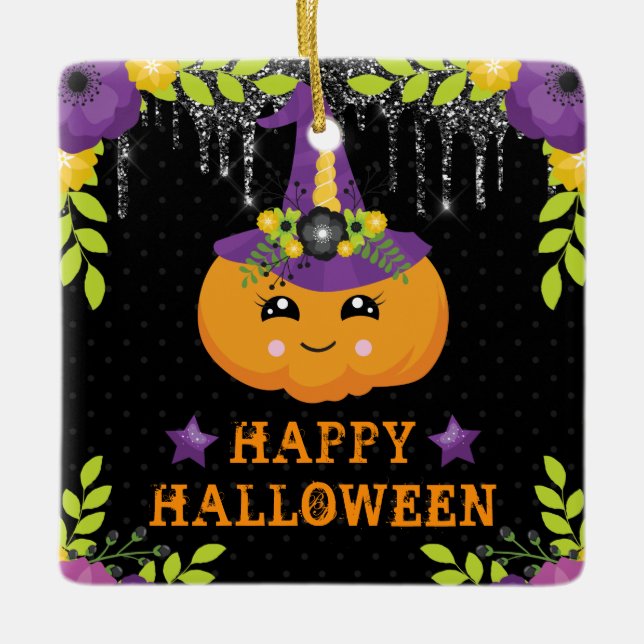 Niedlicher Kürbisfloral Happy Halloween Keramikornament (Vorderseite)
