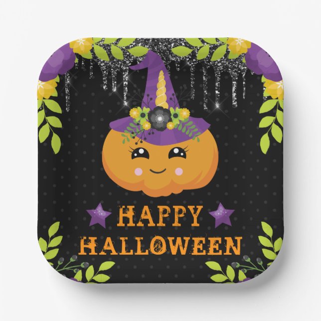Niedlicher Kürbisfloral Happy Halloween Pappteller (Vorderseite)