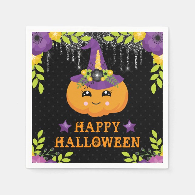 Niedlicher Kürbisfloral Happy Halloween Serviette (Vorderseite)