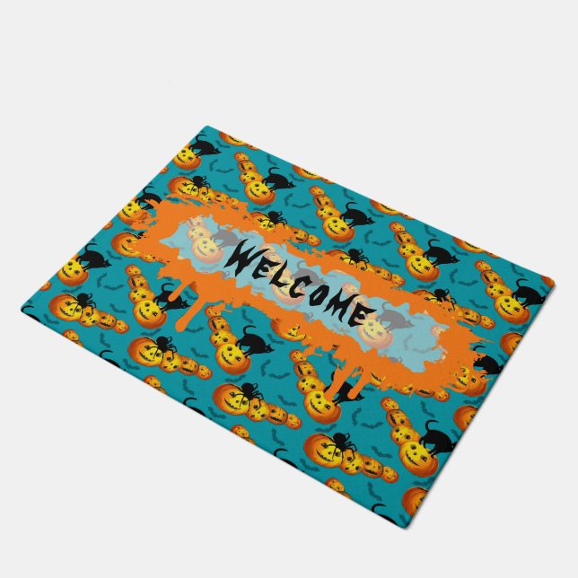 Niedlicher Kürbisklotz Halloween Dusty Blue Patter Fußmatte (Schrägansicht)