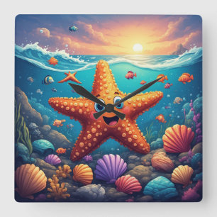 Niedlicher lächelnder Seestern-Cartoon am Strand Quadratische Wanduhr