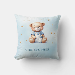 Niedlicher, lächelnder Teddybär mit Babyflasche Kissen