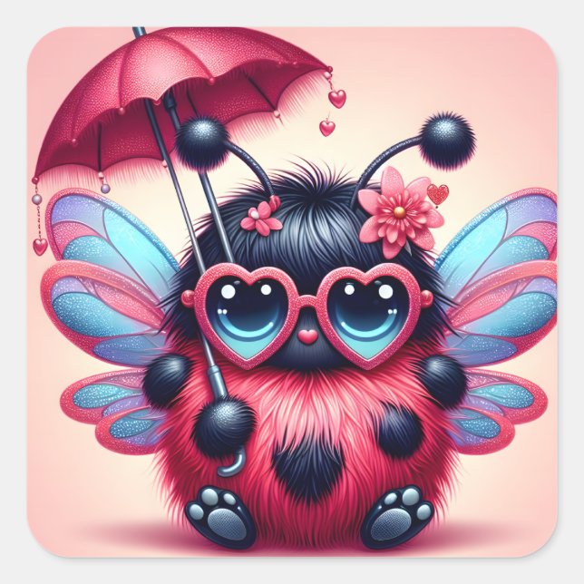 Niedlicher Lady Bug mit Schirm Quadratischer Aufkleber (Vorderseite)