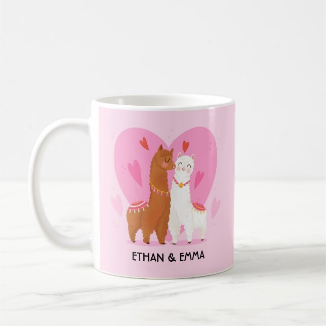 Niedlicher Lama Couple Personalisiert Valentinstag Kaffeetasse (Links)