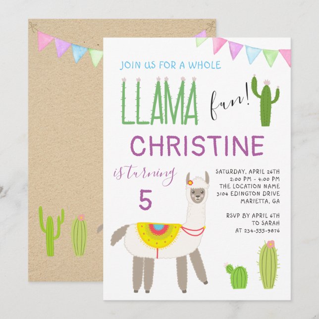 Niedlicher Lama Fun Kindergeburtstag Einladung (Vorne/Hinten)