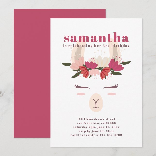 Niedlicher Lama Geburtstag Einladung (Vorne/Hinten)
