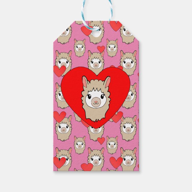 Niedlicher Lama-Kopf und rotes Herz rosa Hintergru Geschenkanhänger (Vorderseite)