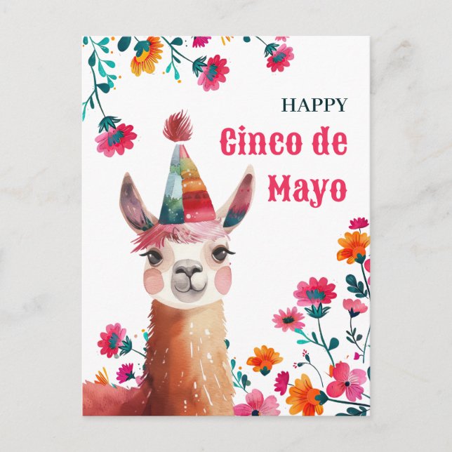 Niedlicher Lama mit Fuchsia Blume Happy Cinco de M Postkarte (Vorderseite)