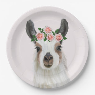 Niedlicher Lama mit Rose Blume Kronenrosa Pappteller