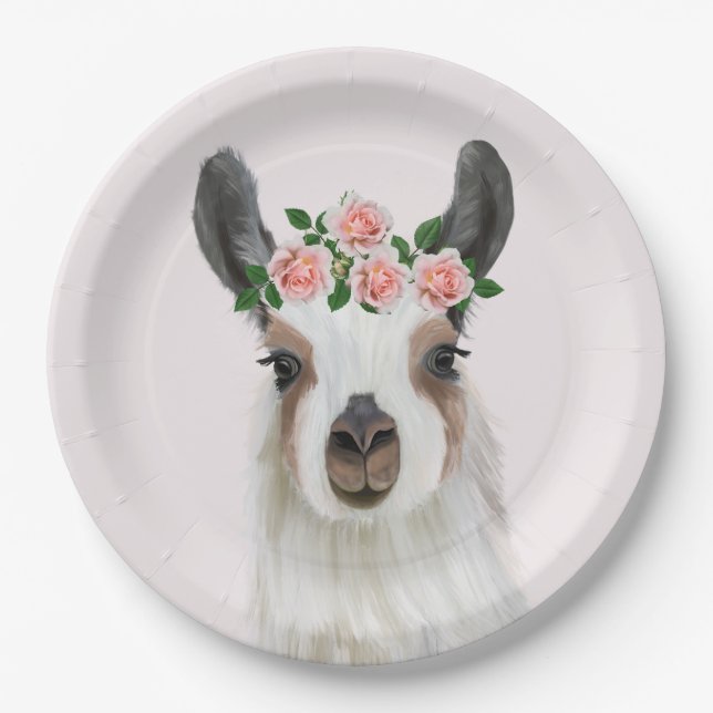 Niedlicher Lama mit Rose Blume Kronenrosa Pappteller (Vorderseite)