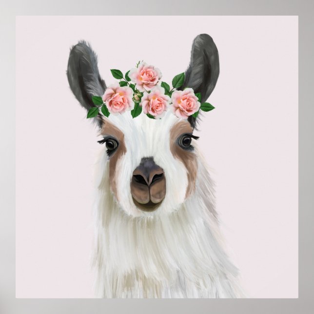 Niedlicher Lama mit Rose Blume Kronenrosa Poster (Vorne)